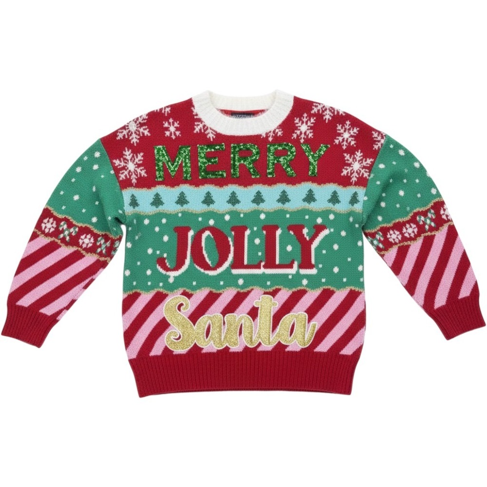 33 Degrees Merry Jolly Santa Christmas Sweater Womens S Sequin Ugly Holiday